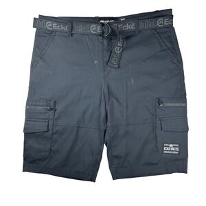 Ecko Unltd Mens Black Cargo Shorts Size 38 Streetwear Belted Utility Pockets